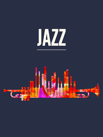 Jazz music poster with colorful trumpet and piano keyboard vector illustration. Live concert events, music festivals and shows creative background, party flyer, invitation design