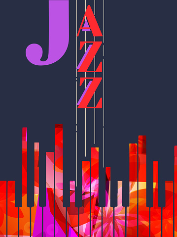 Jazz music promotional poster with piano keyboard vector illustration. Colorful music background with piano keys, music show, live concert events, party flyer design template vector