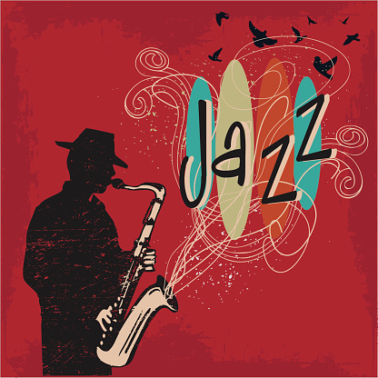 Retro 50s styled grunged up saxophonist playing jazz with silhouetted birds and hand drawn elements. vector