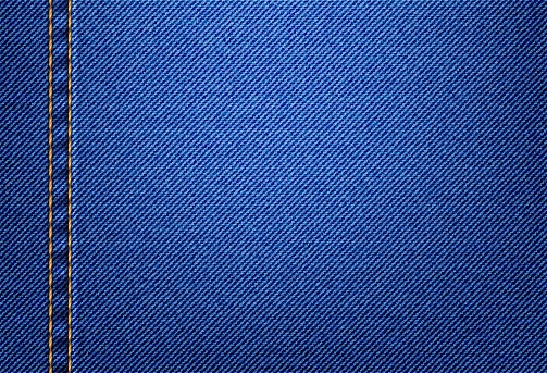 Jeans denim texture pattern background, vector blue apparel fabric closeup pattern. Cloth of jeans cotton or denim canvas material with yellow thread stitches on pants of jacket pocket, textile