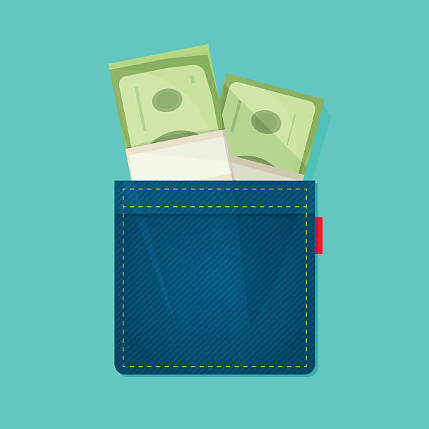 Jeans pocket with pile of money, salary concept, income, expenses Jeans pocket with pile of paper money, concept of wallet, bag with cash heap, income, benefit, expenses, allowance savings, good success deal flat cartoon modern design vector illustration isolated allowance stock illustrations