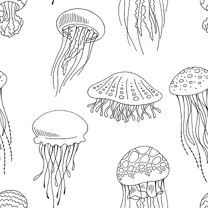 Jellyfish Graphic Black White Seamless Pattern Background Sketch ...