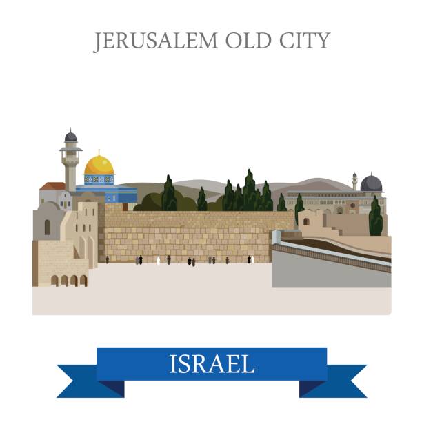 耶路撒冷老城在以色列。平面卡通風格的歷史景觀展示場所景點網站向量例證。世界各國城市度假旅 遊觀光亞洲收藏。 - jerusalem 幅插畫檔、美工圖案、卡通及圖標