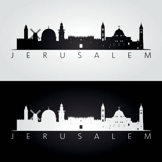 耶路撒冷的天際線和地標黑色和白色的輪廓設計，向量圖。 - jerusalem 幅插畫檔、美工圖案、卡通及圖標