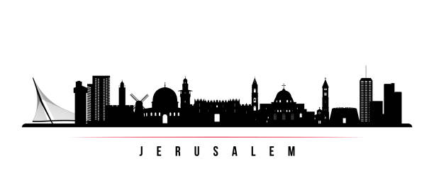 耶路撒冷天際線水準橫幅。以色列耶路撒冷的黑白剪影。用於設計的向量範本。 - jerusalem 幅插畫檔、美工圖案、卡通及圖標