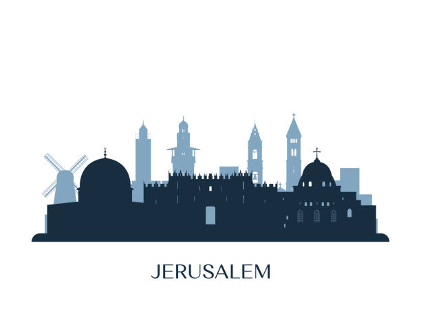 耶路撒冷天際線, 單色剪影。向量插圖。 - jerusalem 幅插畫檔、美工圖案、卡通及圖標