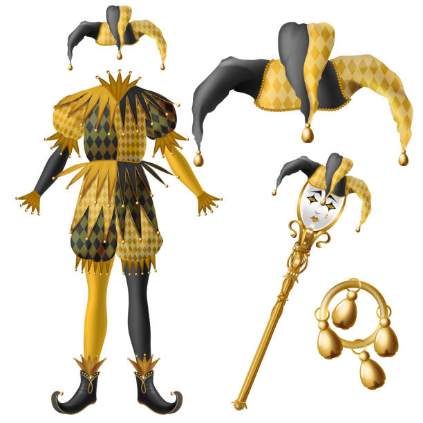 Jester costume elements realistic vector set Medieval jester costume elements, checkered, black and yellow colors hat with bells, golden scepter with crying fool or clown face and tambourine 3d realistic vector isolated on white background jester stock illustrations
