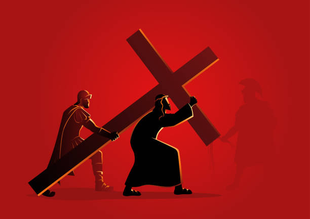 Jesus Accepts His Cross Biblical vector illustration series. Way of the Cross or Stations of the Cross, second station, Jesus accepts his cross. religious cross silhouettes stock illustrations