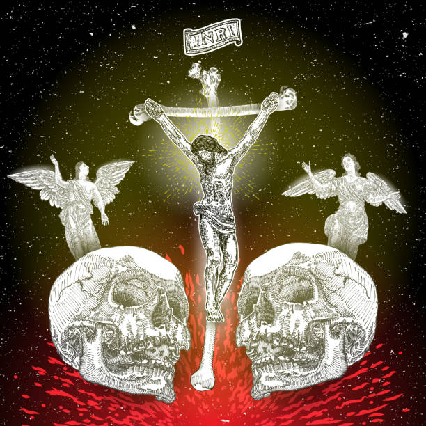 Jesus Christ crucifixion on the cross made of bones and sign INRI, son of God, with sad winged angels standing over human skulls with fire from below. Flesh tattoo reference. Good Friday. Vector.  drawing of the good friday stock illustrations