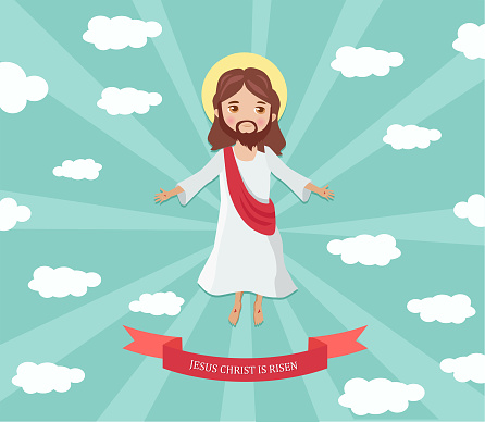 Christian religious illustration of the resurrection of our Lord Jesus Christ. With text Jesus Christ is Risen. vector