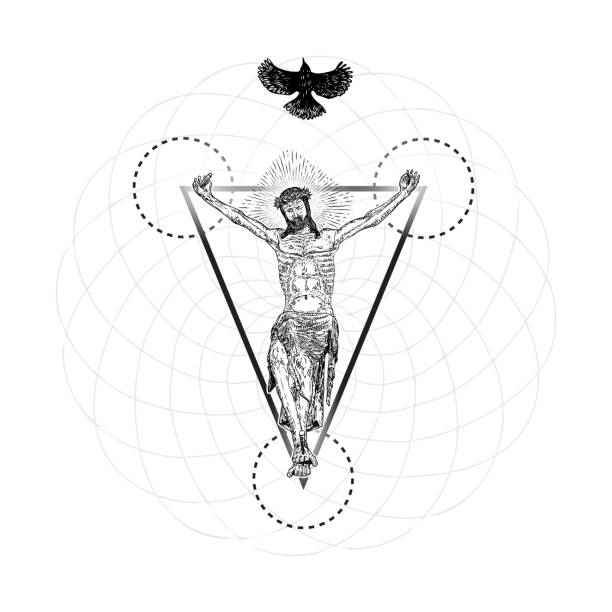 Jesus Christ modern interpretation of crucifixion with bird fly over his head. Symbol of saint with holy spirit. Crucifix drawing. Art tattoo reference. Religion pride and glory. Good Friday Vector.  drawing of the good friday stock illustrations