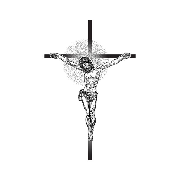 Jesus Christ on the cross with Rays of halo light and beams, symbol of saint. Crucifix drawing. Art tattoo reference template. Religion pride and glory. Good Friday Vector.  drawing of the good friday stock illustrations