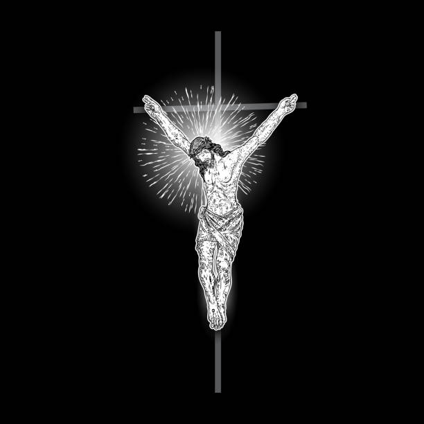 Jesus Christ on the cross with Rays of halo light and beams, symbol of saint. Crucifix drawing. Art tattoo reference template on black background. Religion pride and glory. Good Friday Vector.  drawing of the good friday stock illustrations