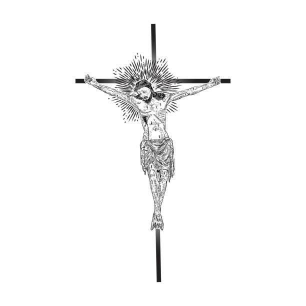 Jesus Christ on the cross with Rays of halo light and beams, symbol of saint. Crucifix drawing. Art tattoo reference template. Religion pride and glory. Good Friday Vector.  drawing of the good friday stock illustrations