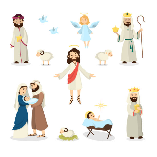 Jesus Christ story illustration. Jesus Christ story illustration with Mary, Joseph and sheep. bible stock illustrations