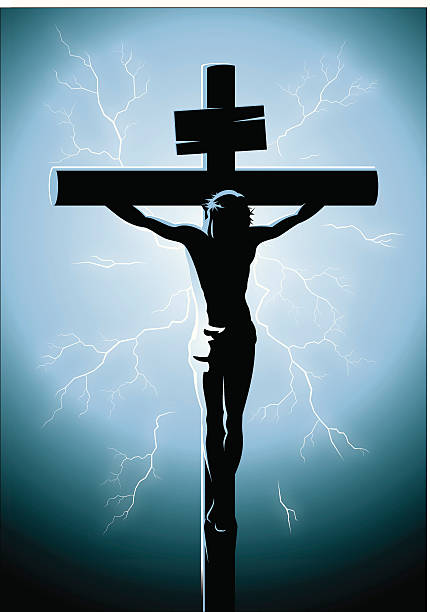 Jesus Christ The crucifixion of Christ with lightning pouring out. religious cross silhouettes stock illustrations