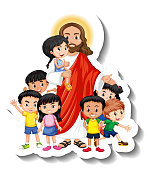 istock Jesus Christ with children group sticker on white background 1357824867