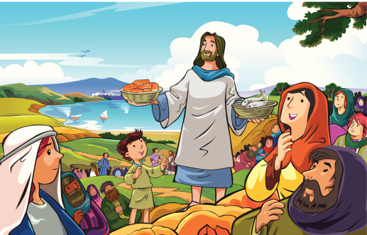 Jesus distributing loaves of bread and fish to the crowd