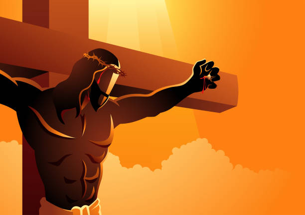 Jesus on the cross wearing a crown of thorns vector art illustration