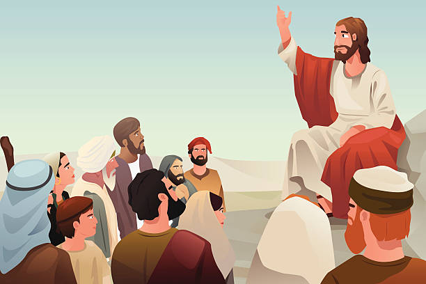 Jesus spreading his teaching to people vector art illustration