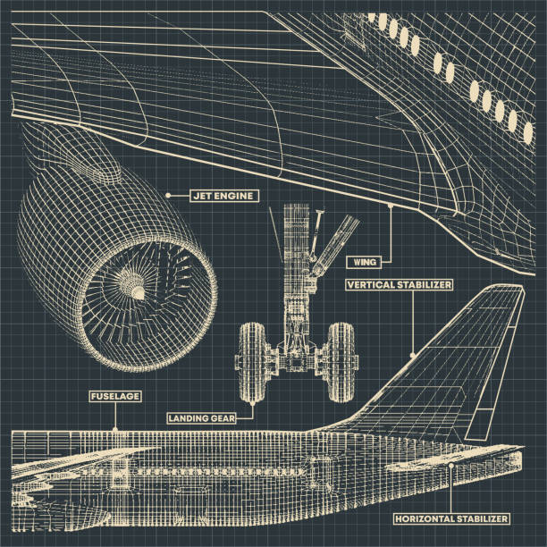 Jet airliner drawings in retro style Vector illustration of a fragment of drawings of a civilian jet in the retro style airplane designs stock illustrations