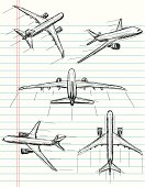 Jet airplane sketches on notebook paper. The artwork and paper are on separate labeled layers.