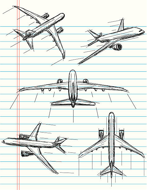 jet airplane sketches Jet airplane sketches on notebook paper. The artwork and paper are on separate labeled layers. airplane backgrounds stock illustrations
