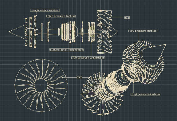 Jet engine compressor Stylized vector illustration of drawings of a jet engine compressor airplane drawings stock illustrations