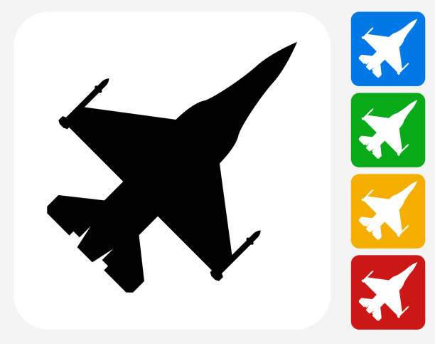 Jet Icon Flat Graphic Design Jet Icon. This 100% royalty free vector illustration features the main icon pictured in black inside a white square. The alternative color options in blue, green, yellow and red are on the right of the icon and are arranged in a vertical column. air force stock illustrations