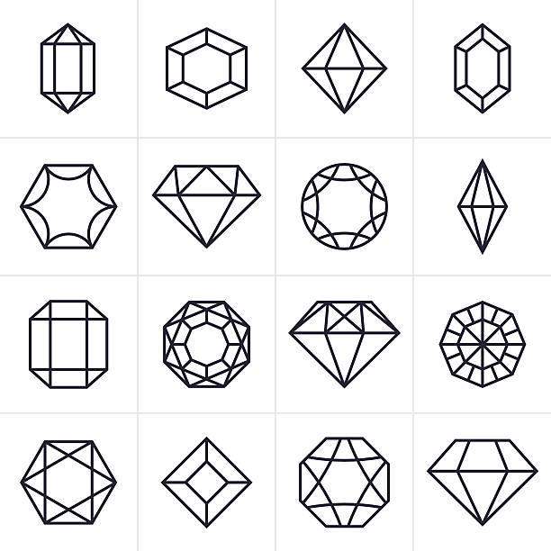 Jewel and Gem Icons and Symbols Jewel and Gem cut faceted symbol icon collection. ice crystal stock illustrations