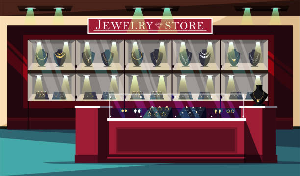 stockillustraties, clipart, cartoons en iconen met sieraden winkel showcase platte vector illustratie - diamant ring display