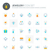 Color vector icons related to jewellery. Symbols such as diamond, wearable accessories, earrings and necklace are included in this set. Perfect for light and dark background, editable and layered.