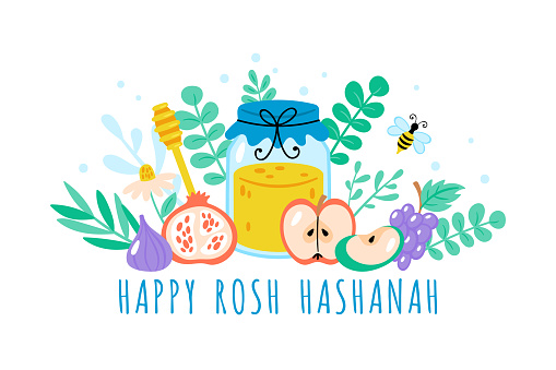 Jewish holiday Rosh Hashanah cute greeting card. Childish print for banner, poster and invitation template.