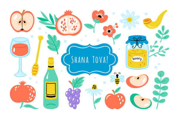 Jewish holiday Rosh Hashanah holiday cute elements set. Childish print for cards, posters and stickers. Hebrew text "Happy New Year" Jewish holiday Rosh Hashanah holiday cute elements set. Childish print for cards, posters and stickers. Hebrew text "Happy New Year" rosh hashanah stock illustrations