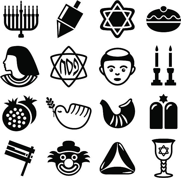 Set of all jewish holidays Icons including: hannukah, passover, rosh Ha Shanah and Purim.
