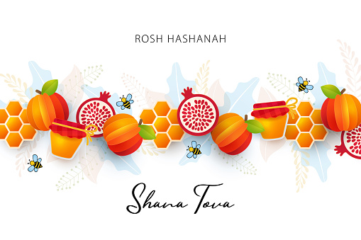 Jewish New Year, Rosh Hashanah Greeting card. Vector illustration with border made of paper cut Apple, pomegranate, Honey cell, jar of honey and Bees