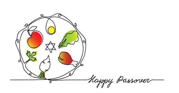 Jewish seder plate, dish with meal. Happy passover lettering, holiday pesach. Vector illustration Jewish seder plate, dish with meal. Happy passover lettering, holiday pesach. Vector illustration of traditional pesach food on the plate. One continuous line drawing. passover stock illustrations