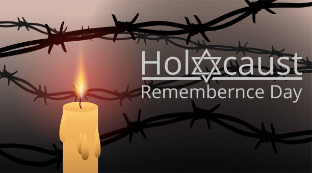 Jewish star with barbed wire and candles. Jewish star with barbed wire and candles, International Holocaust Remembrance Day poster, January 27. World War II Remembrance Day.Yellow Star of David used   and  . Vector holocaust remembrance day stock illustrations