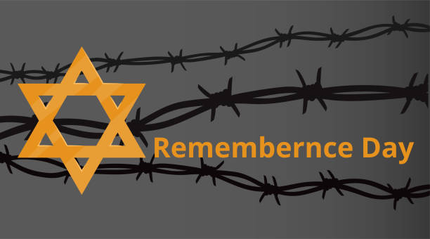 Jewish star with barbed wire and candles. Jewish star with barbed wire and candles, International Holocaust Remembrance Day poster, January 27. World War II Remembrance Day.Yellow Star of David used   and  . Vector holocaust remembrance day stock illustrations