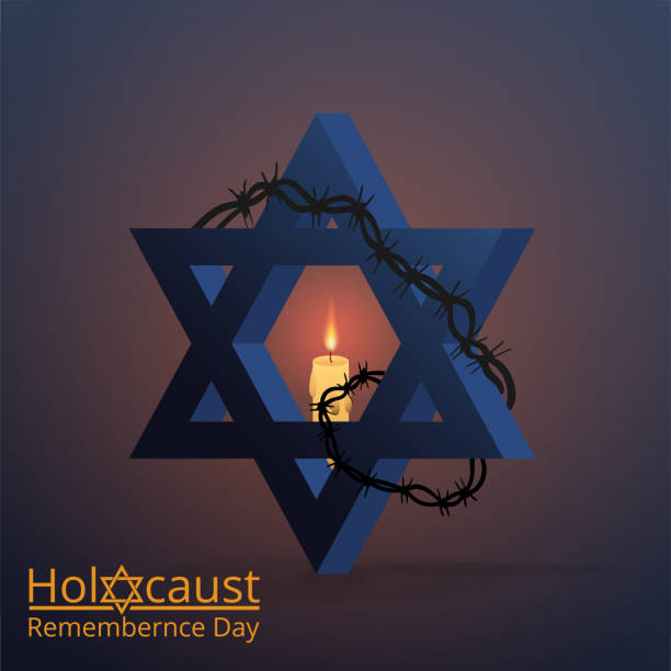ilustraciones, imágenes clip art, dibujos animados e iconos de stock de estrella judía con alambre de púas y velas. - holocaust remembrance day