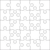 Jigsaw puzzle blank template or cutting guidelines of 25 pieces. Plain white jigsaw puzzle, on white background. Vector  illustration.