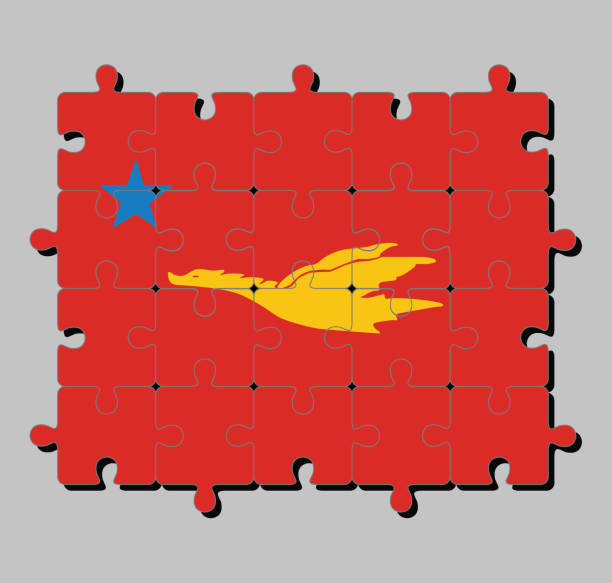 ilustraciones, imágenes clip art, dibujos animados e iconos de stock de rompecabezas de la bandera del nuevo partido del estado mon, bandera del drake oro volando en rojo a la estrella. - drake