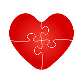 Red pieces puzzle of romantic heart. Icon, logotype, logo vector puzzle illustration. Jigsaw on Valentine Day. Love, medical, relationship symbol. Autism awareness. Four slices, pieces, parts heart.