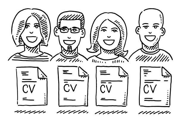 Job Candidates Portraits CV Document Drawing Hand-drawn vector drawing of 4 Job Candidates, Portraits and CV Documents. Black-and-White sketch on a transparent background (.eps-file). Included files are EPS (v10) and Hi-Res JPG. recruitment drawings stock illustrations