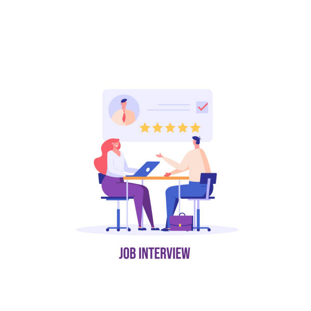 Job interview concept. Employee candidate with good resume. Recruitment or headhunting agency. Concept of recruitment, headhunting, employment. Vector illustration for UI, web banner, app Job interview concept. Employee candidate with good resume. Recruitment or headhunting agency. Concept of recruitment, headhunting, employment. Vector illustration for UI, web banner, app job interview stock illustrations