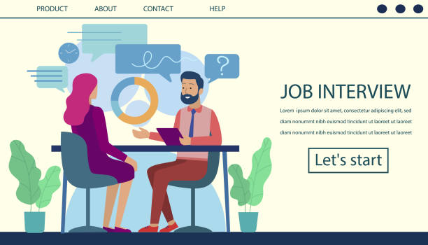 Job Interview Landing Page Hiring Process Design Job Interview Landing Page. Human Resource and Hiring Process Design. Cartoon Flat Man, Boss Chief, HR Manager Interviewing Female Candidate, Woman Work Seeker. Vector Office Interior Illustration interview stock illustrations