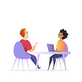 Job Interview Meeting. Hr Manager Vector Character. Woman by Laptop make Conversation with Man for Business Corporate Position. Effective Hiring Research Concept. Recruitment Cartoon Illustration