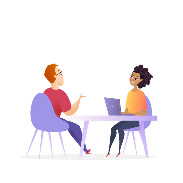 Job Interview Meeting. Hr Manager Vector Character Job Interview Meeting. Hr Manager Vector Character. Woman by Laptop make Conversation with Man for Business Corporate Position. Effective Hiring Research Concept. Recruitment Cartoon Illustration job interview stock illustrations