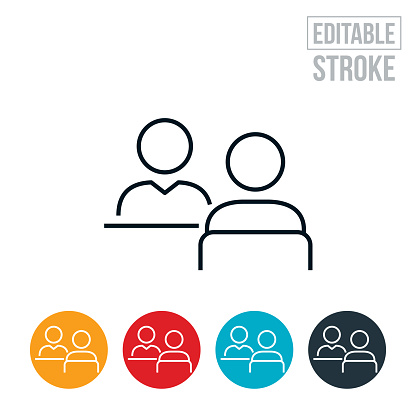 An icon of a hiring manager interviewing a job candidate. The icon includes editable strokes or outlines using the EPS vector file.