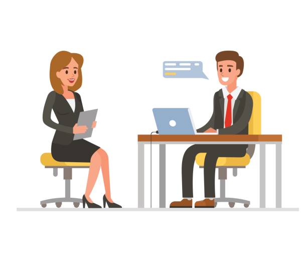 job interview Woman having a job interview with Businessman HR. Vector illustration. job interview stock illustrations